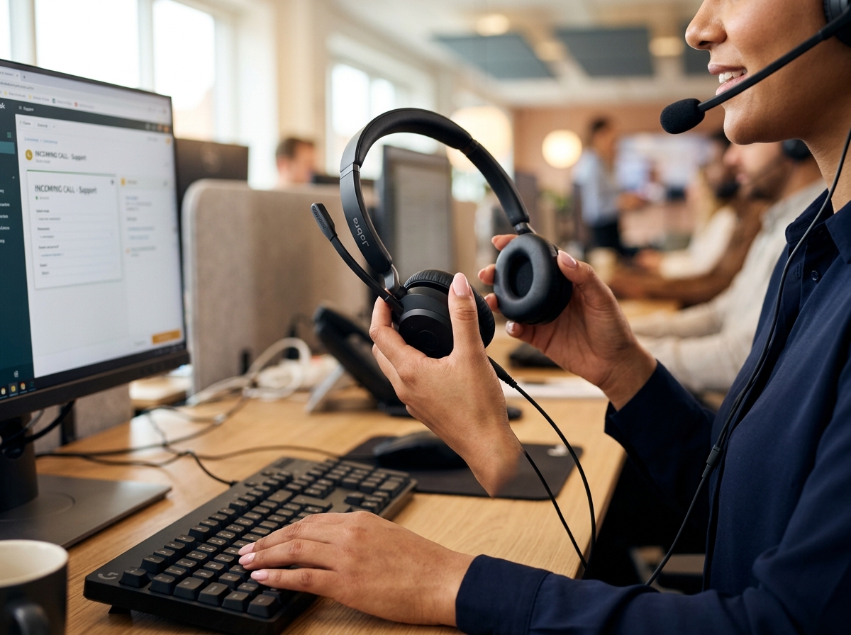 Help desk agent with headset using Universal Connector